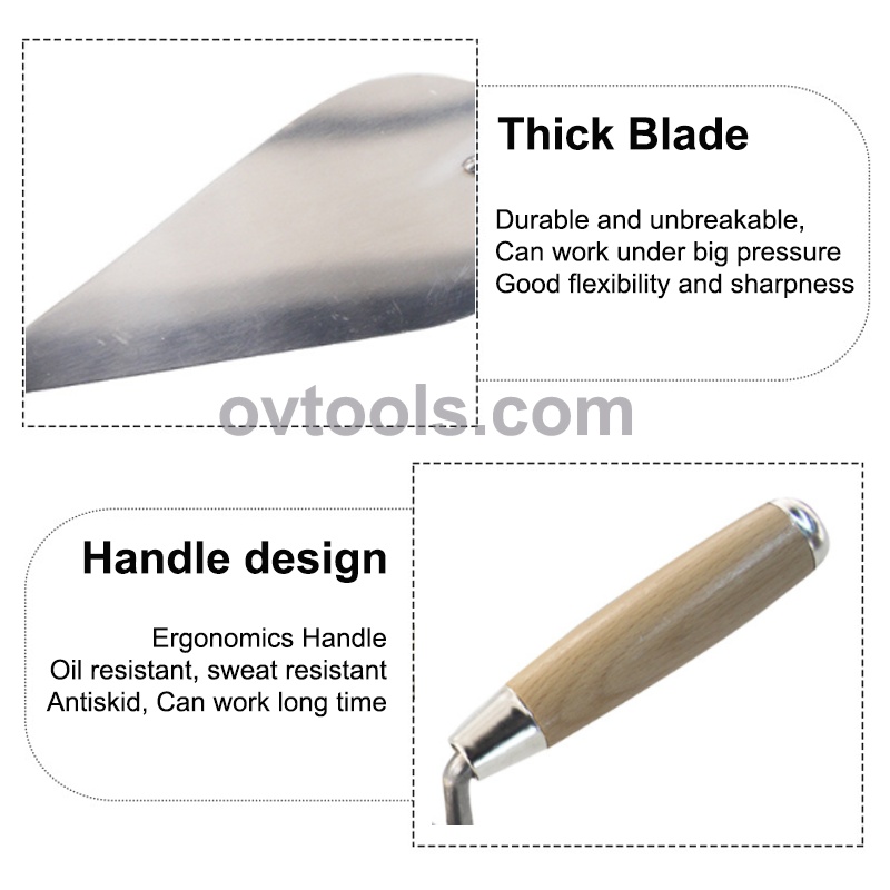 Stainless steel Bricklaying trowel, Mirror polish, with wood handle, Solid structure, construction and plastering tools