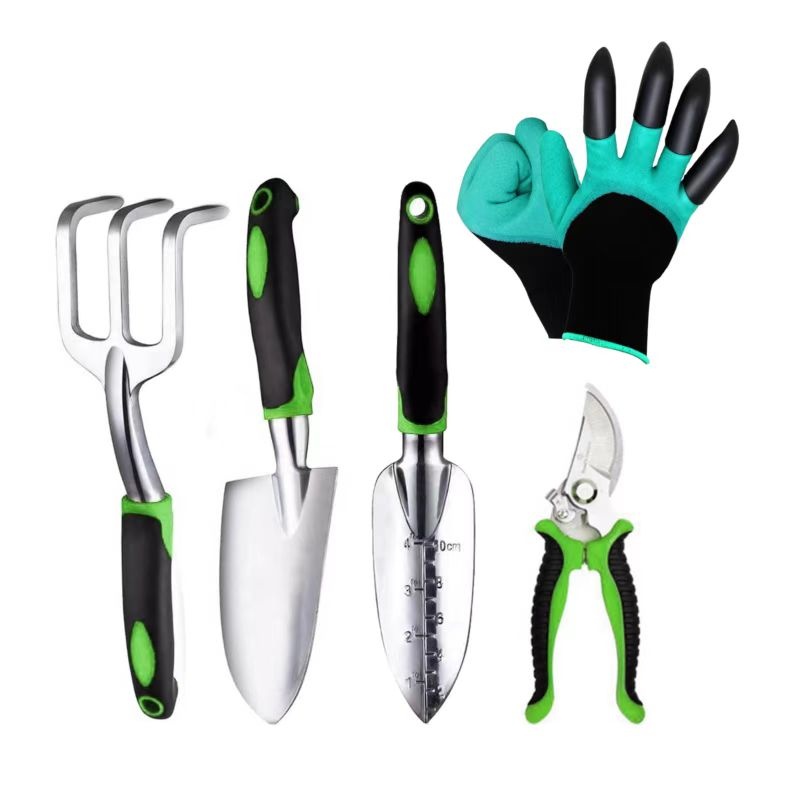 5 pcs Garden Tools Kit Hot sale on Amazon, Aluminium Alloy steel, Non slip handle, Trowel + Transplanter + Rake + Pruner +Glo ve