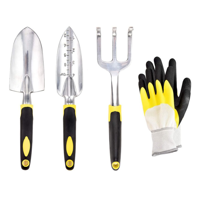 4 pcs Garden Tools Kit Hot sale on Amazon, Aluminium Alloy steel, Non slip handle, Trowel + Transplanter + Rake + Glo ve