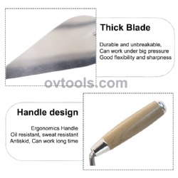 Stainless steel Bricklaying trowel, Mirror polish, with wood handle, Solid structure, construction and plastering tools