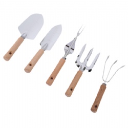 5 pieces Stainless Steel Garden Tools Set Hot sale on Amazon, Wood handle, Trowel + Transplanter + Rake + Fork + Weeder